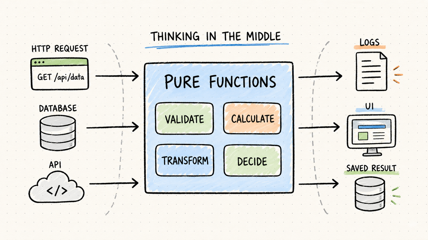 Pure functions belong in the middle of the program